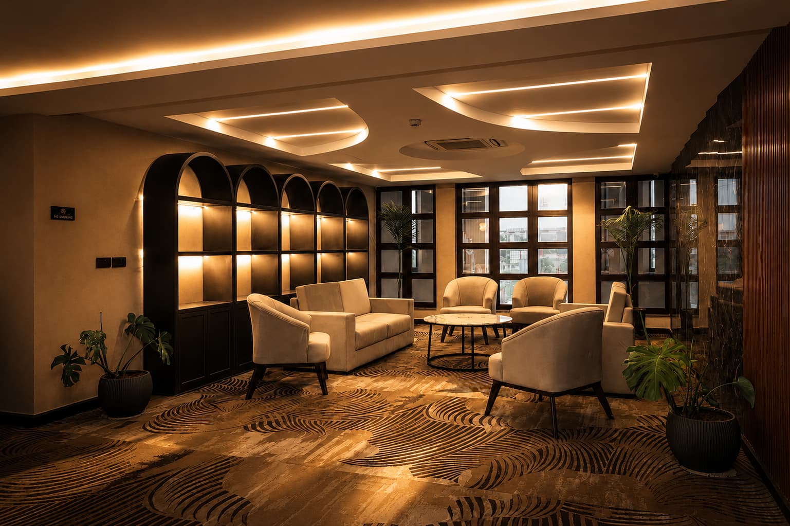 A lounge at Grand Unicorn Club in the evening