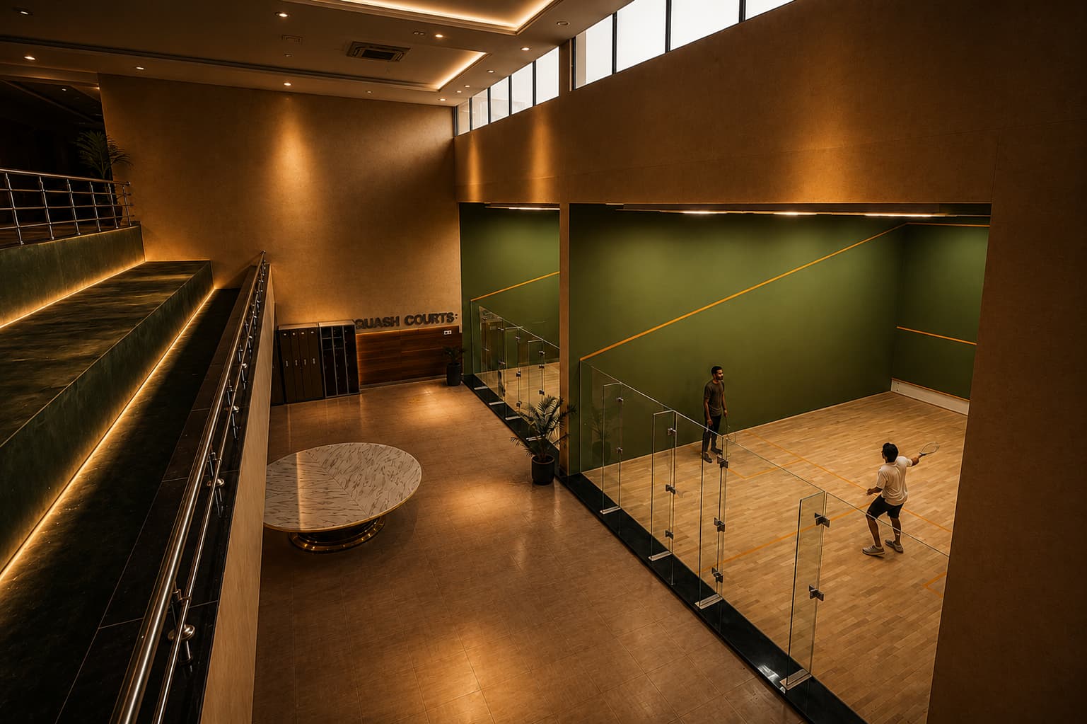 The glass-walled squash courts at Grand Unicorn Club